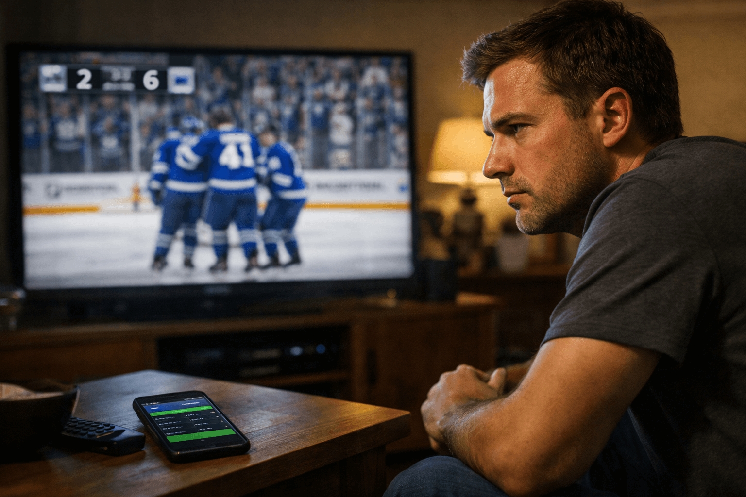 Man intently watching a losing hockey game with a betting platform open on his phone, demonstrating in-play engagement